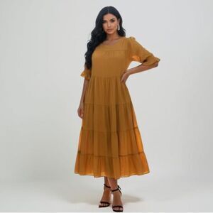 ORANGE CREEK Mustard Smocked Sleeve Tiered Silhouette Maxi Dress Size Med NWOT
